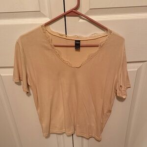 Shein Light Yellow Lace-Trimmed Short Sleeve Top